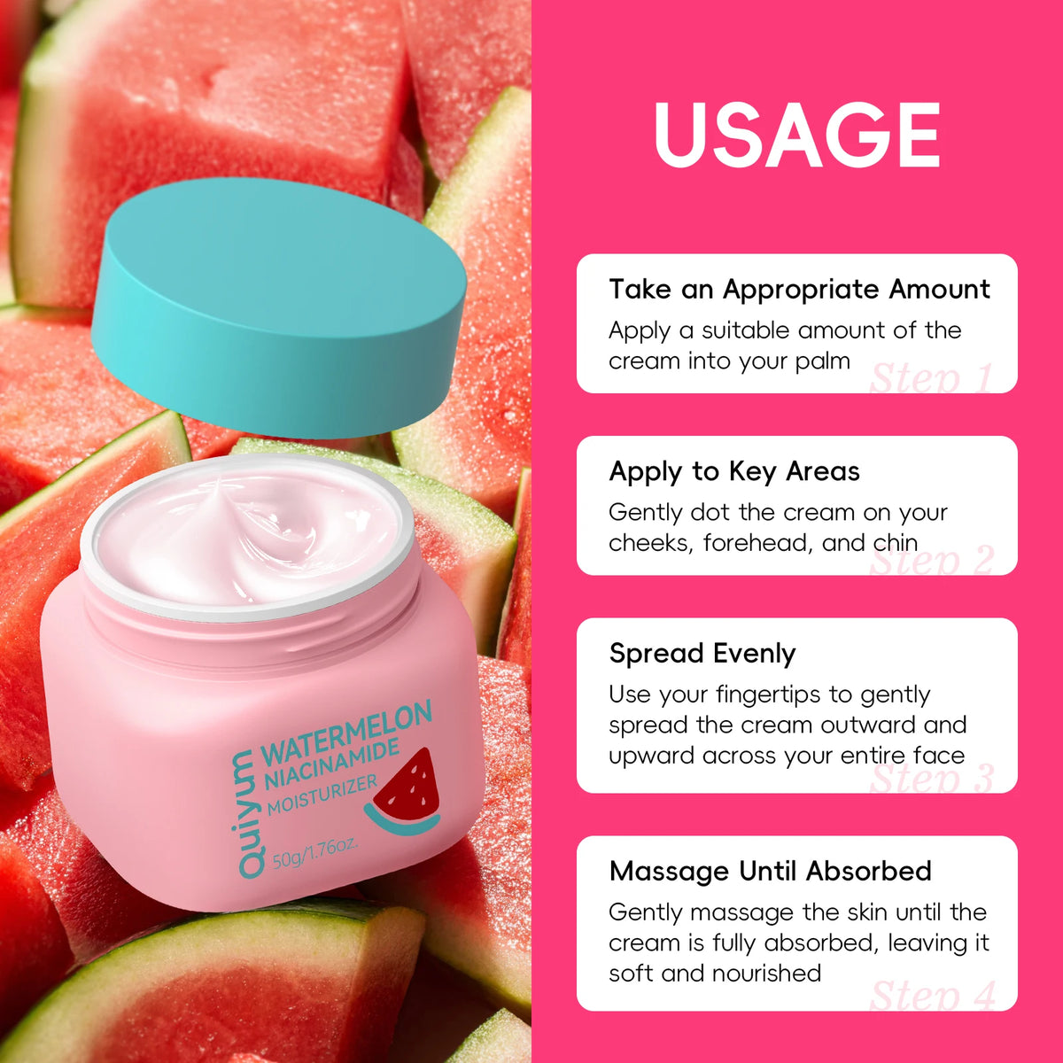 Quiyum Watermelon Niacinamide Moisturizer 50g Long-Lasting Hydration with 4D Hyaluronic Acid & Aloe Vera