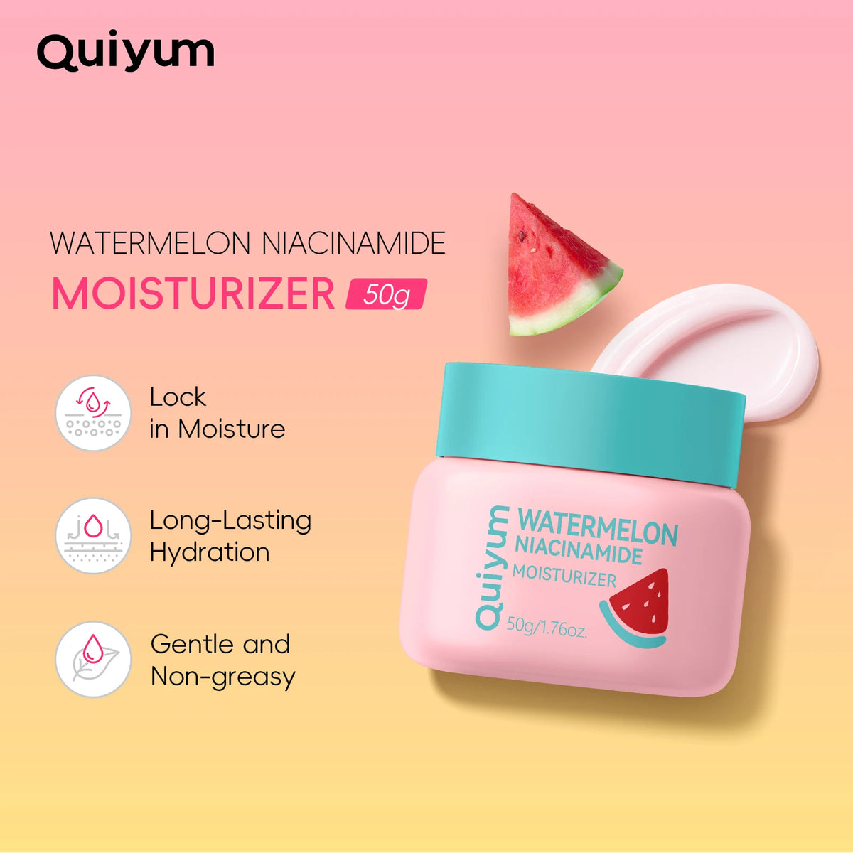 Quiyum Watermelon Niacinamide Moisturizer 50g Long-Lasting Hydration with 4D Hyaluronic Acid & Aloe Vera
