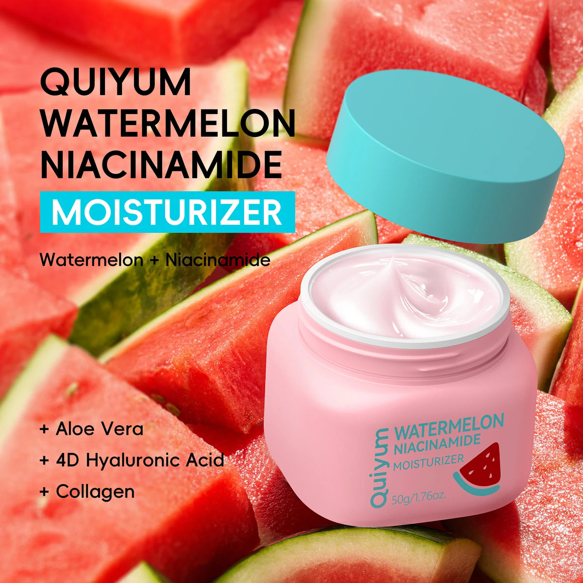 Quiyum Watermelon Niacinamide Moisturizer 50g Long-Lasting Hydration with 4D Hyaluronic Acid & Aloe Vera