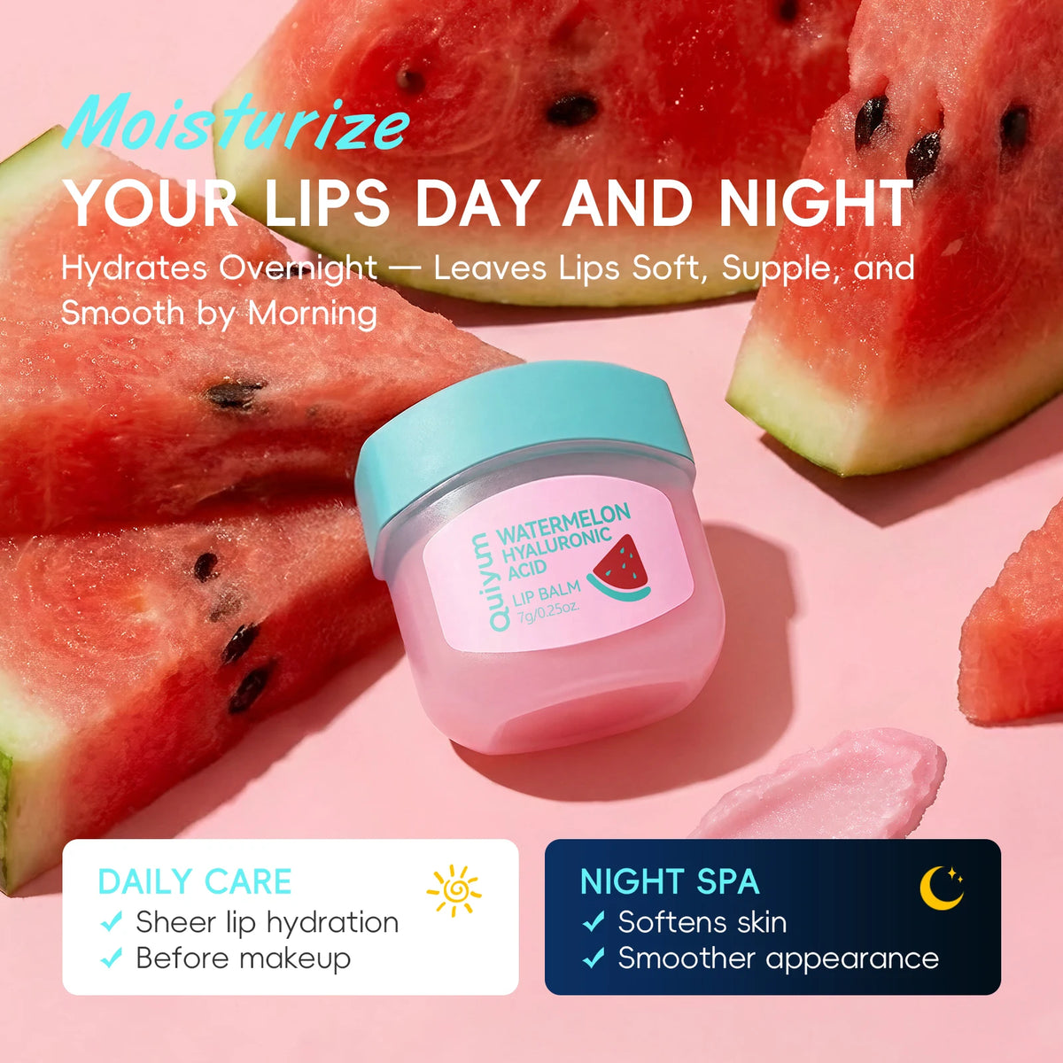 Quiyum Watermelon Hyaluronic Acid Lip Balm 7g Rich Moisturizing Non-Sticky with Shea Butter & Vitamin B5